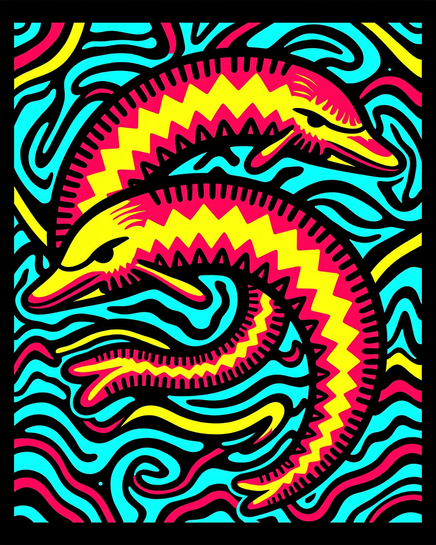 Vibrant Pink Yellow Dolphins Aqua Waves Rug