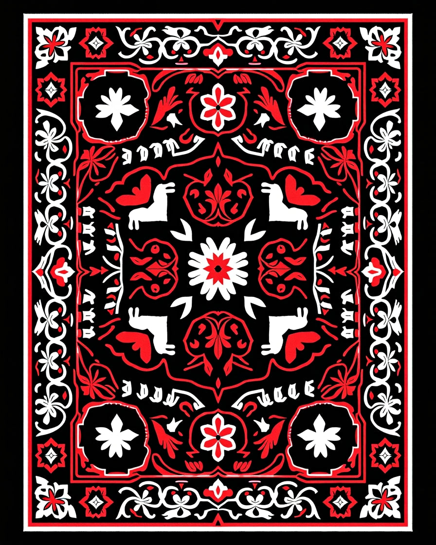 Bold Red White Animal Medallion Rug