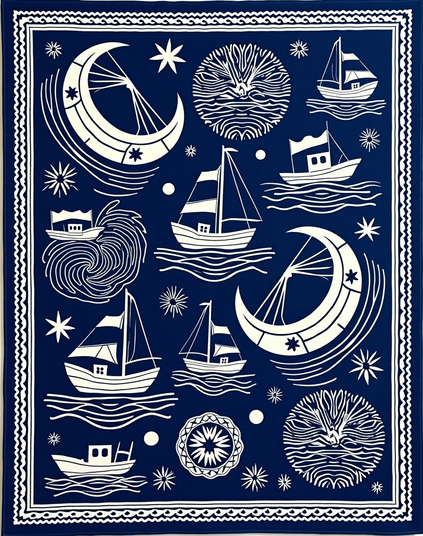 Navy Ivory Nautical Sailing Crescent Moon Rug