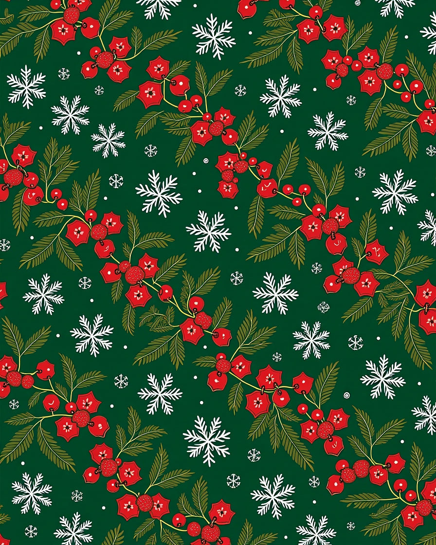 Forest Green Holly Berry Snowflakes Rug