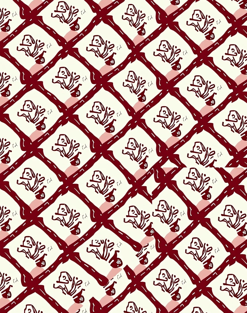 Crimson Lattice Folk Art Rug