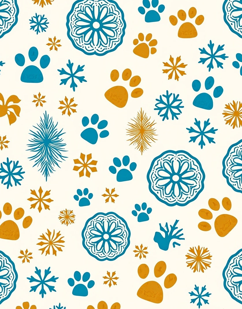 Teal Orange Paw Print Snowflake Medallion Rug