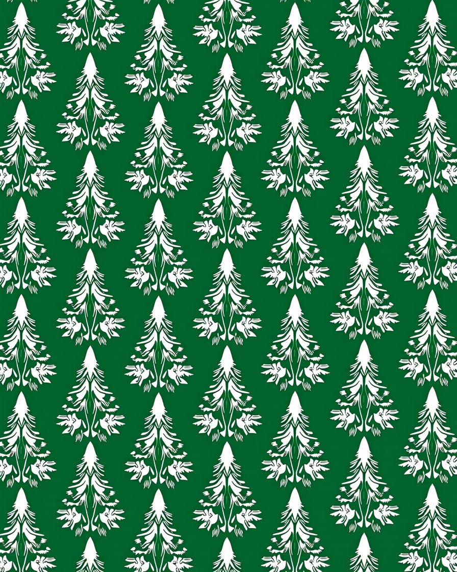 White Evergreen Trees on Green Backdrop Rug