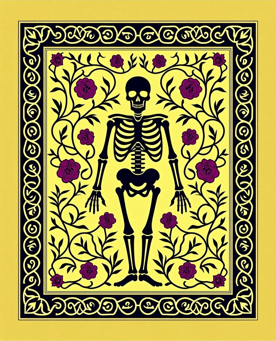 Whimsical Skeleton Floral Yellow Rug