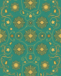 Golden Starburst Bells Teal Folk Rug