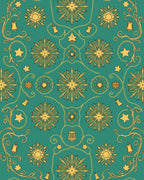 Golden Starburst Bells Teal Folk Rug