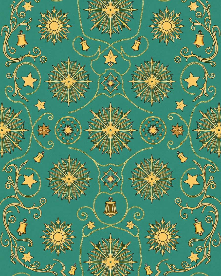 Golden Starburst Bells Teal Folk Rug