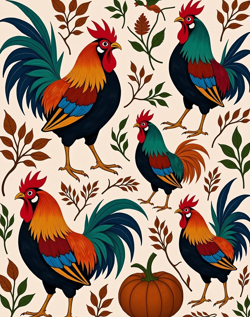 Vibrant Roosters and Autumn Leaves Arrangement Rug