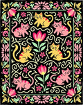 Playful Pink Yellow Cat Floral Border Rug