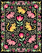 Playful Pink Yellow Cat Floral Border Rug