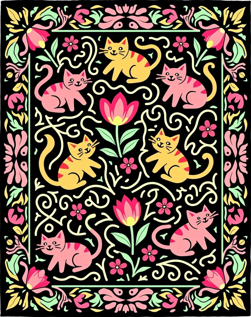 Playful Pink Yellow Cat Floral Border Rug