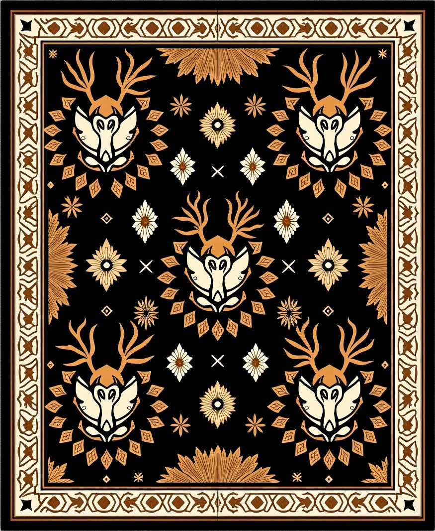 Golden Deer Head Black Medallion Rug