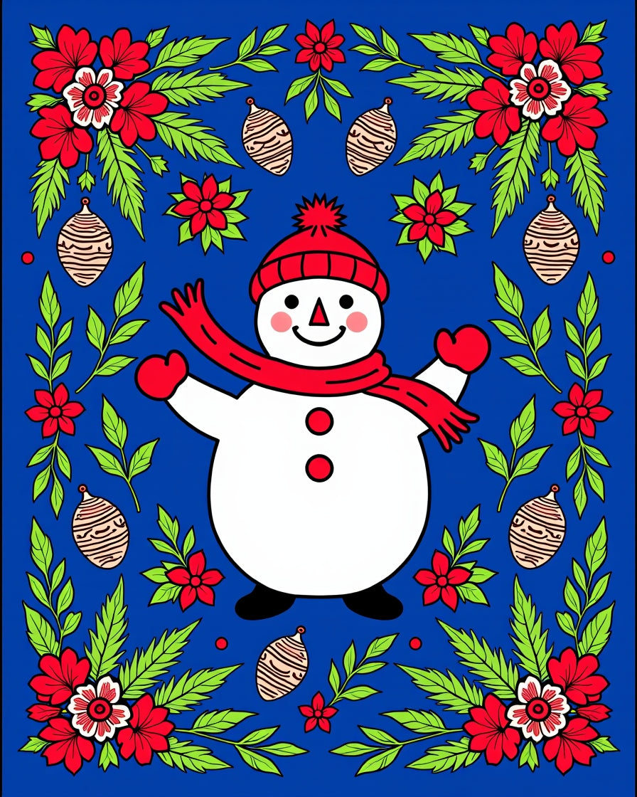 Winter Snowman Festive Floral Garland Rug