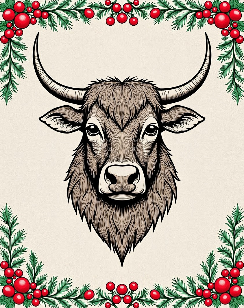 Graphic Brown Bull Festive Holiday Rug