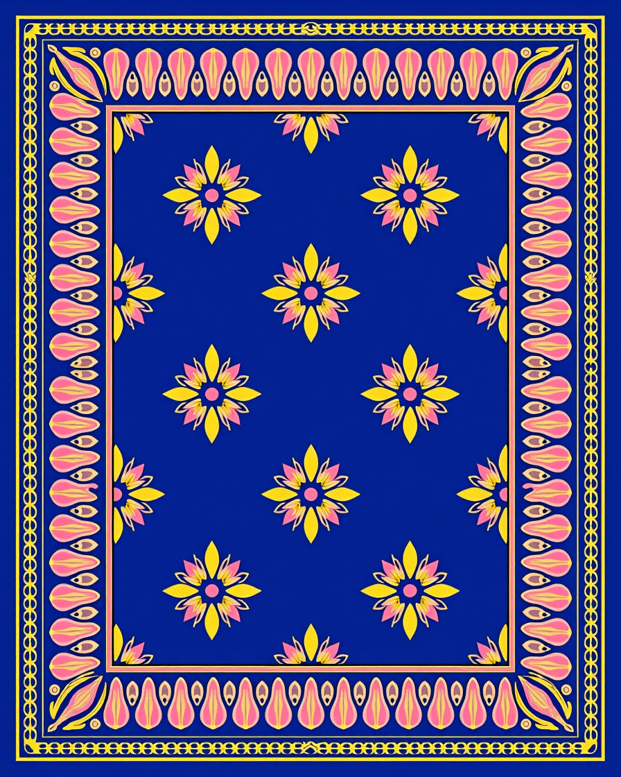 Vibrant Blue Yellow Pink Floral Medallion Rug