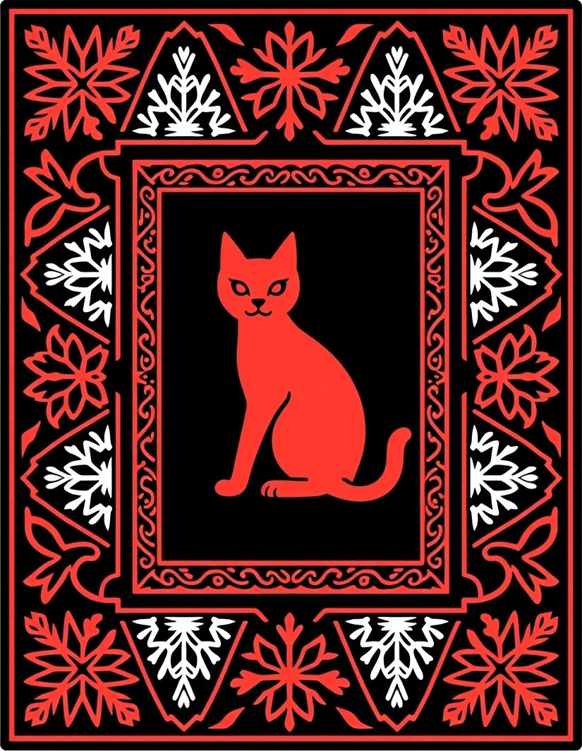 Bold Red Sitting Cat Medieval Frame Rug