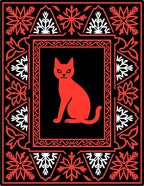 Bold Red Sitting Cat Medieval Frame Rug