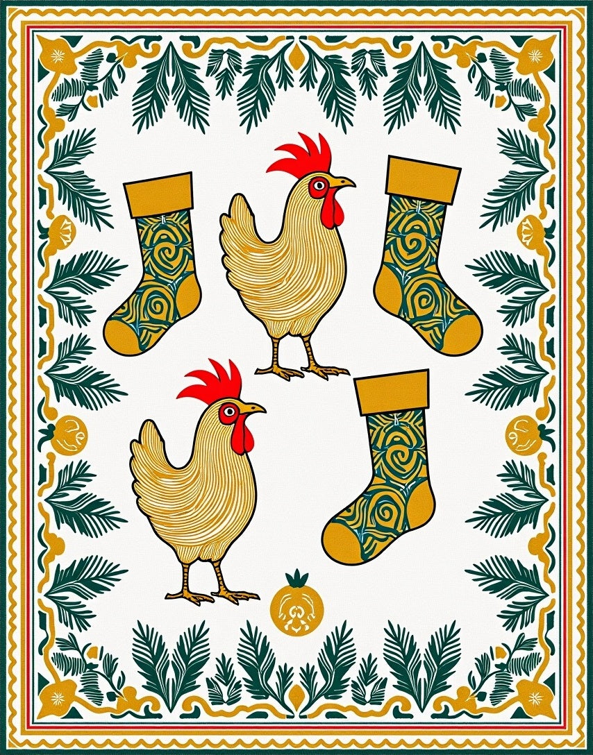 Golden Roosters And Green Swirl Stockings Rug
