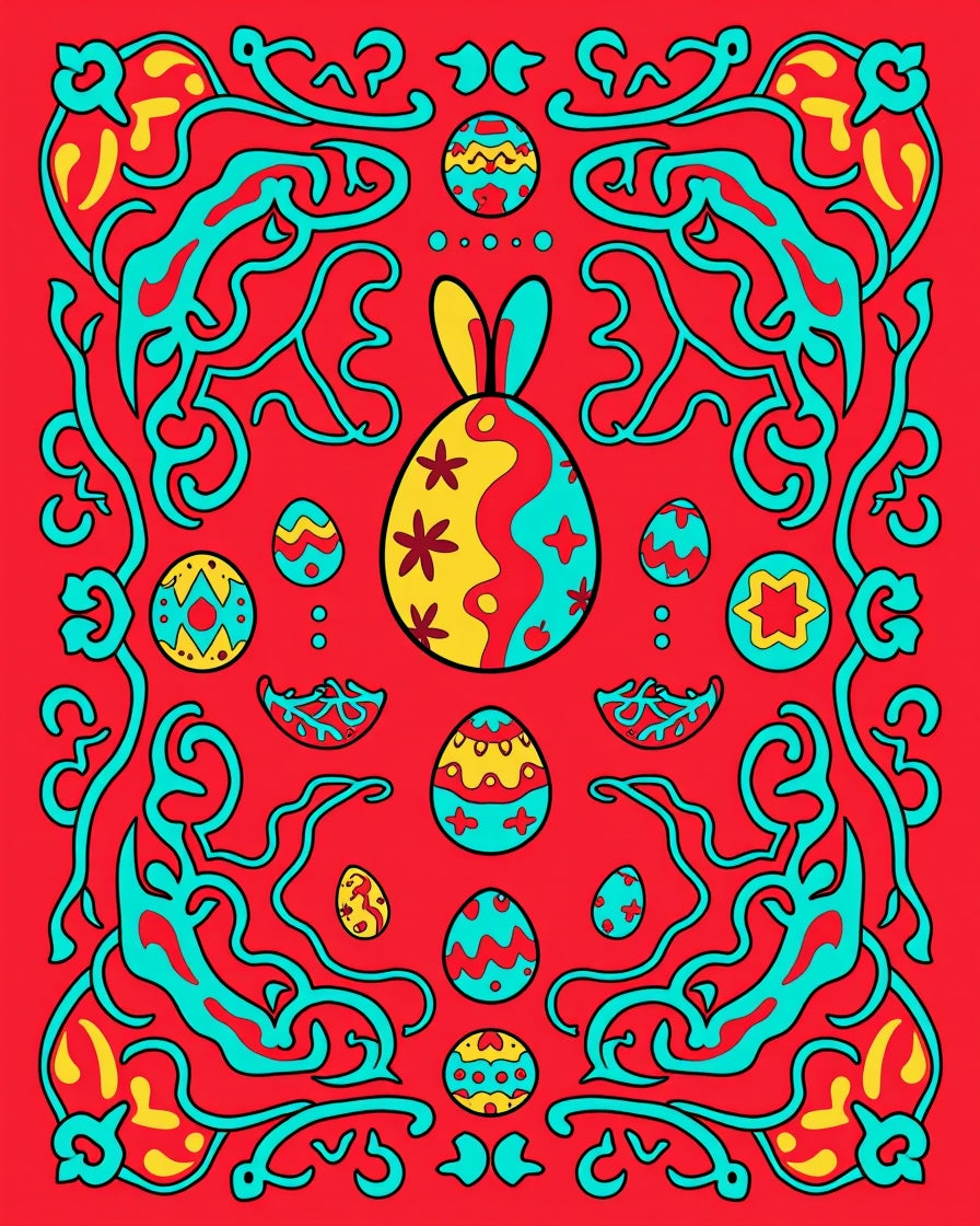 Bright Red Easter Egg Bunny Scroll Rug