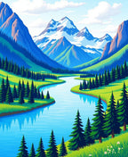 Serene Blue Mountain River Evergreen Forest Rug