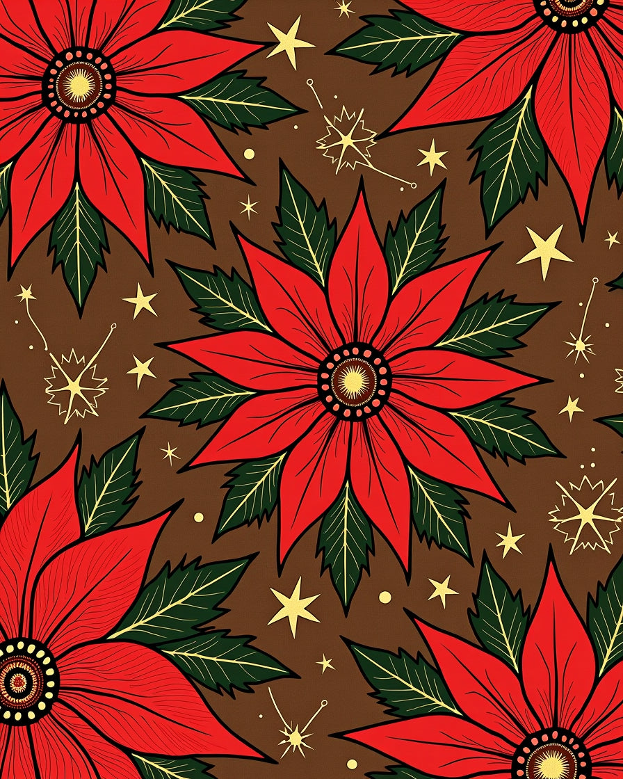 Red Poinsettia Starry Brown Floral Rug