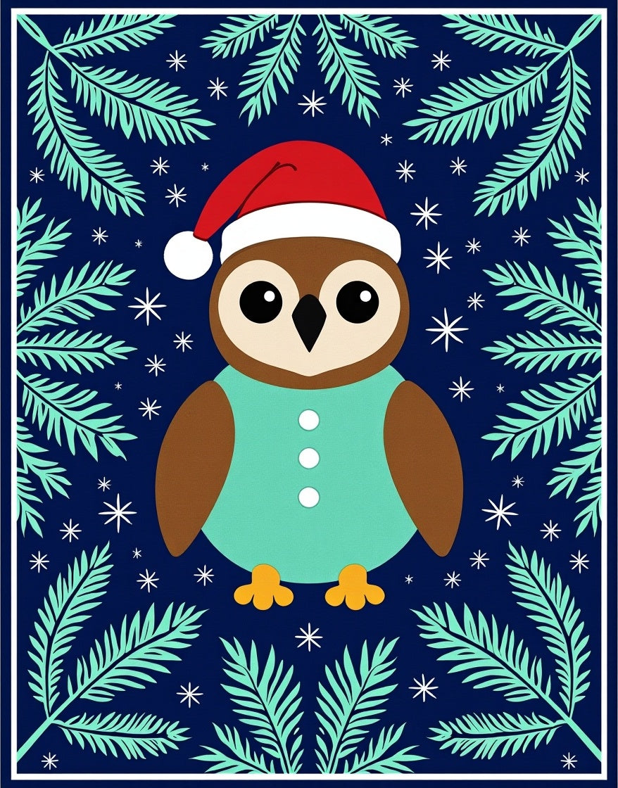 Festive Owl In Santa Hat And Snow Rug