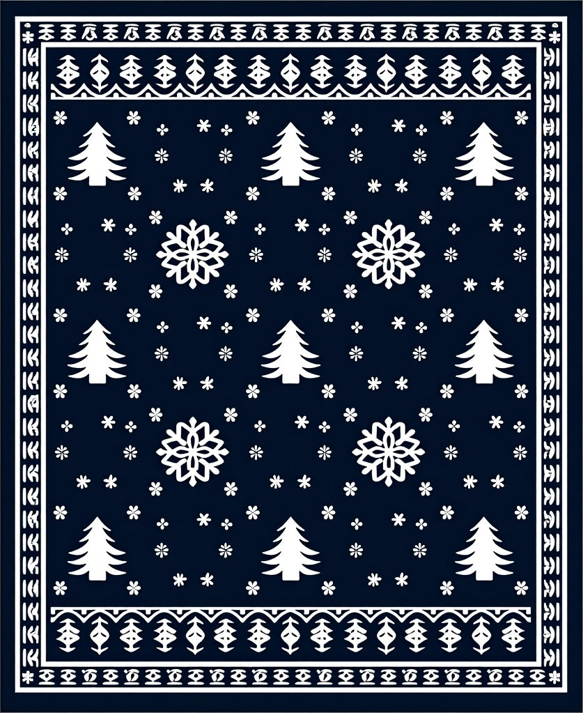 Navy White Winter Tree Snowflakes Border Rug