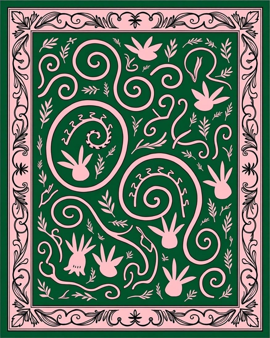 Pink Botanical Swirls Green Rug