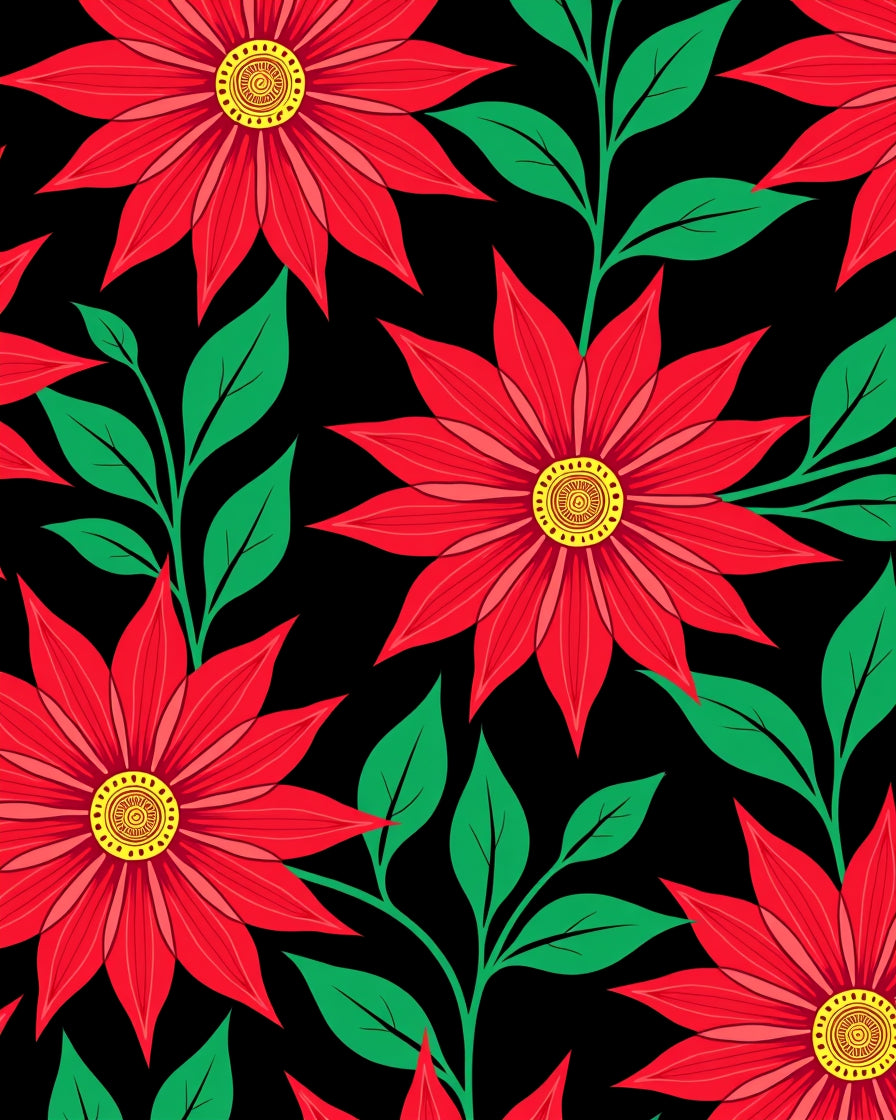 Crimson Floral Vine On Black Rug