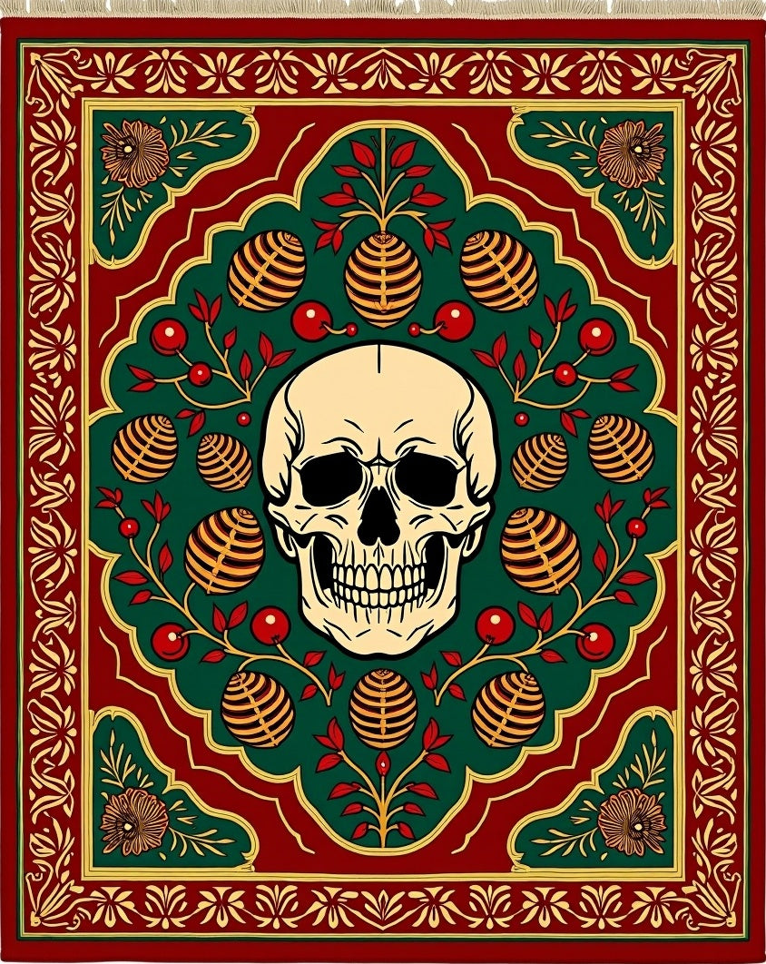 Red Green Skull Botanical Medallion Rug