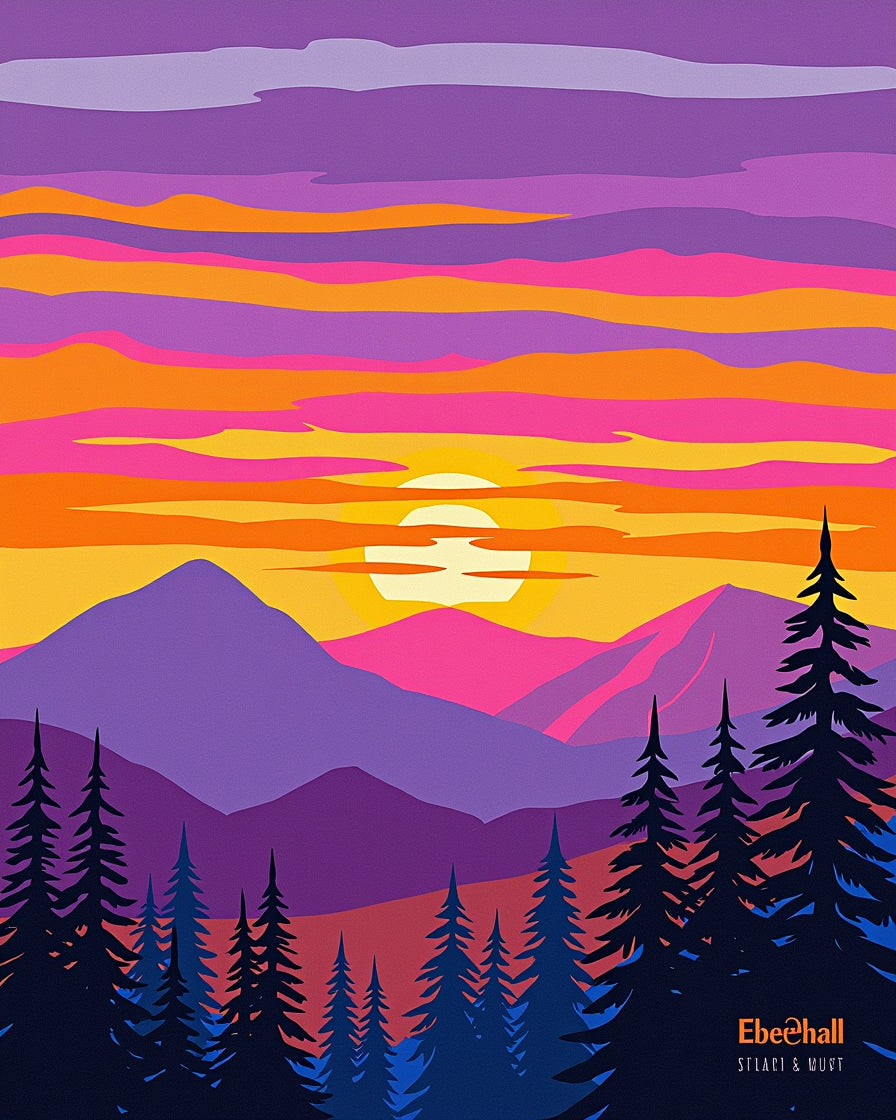 Vibrant Purple Pink Sunset Mountains Trees Rug