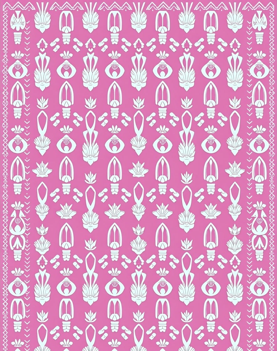 Pink White Symmetrical Botanical Arrangement Rug