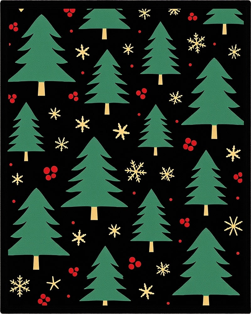 Festive Green Christmas Trees Scattered Snowflakes Rug