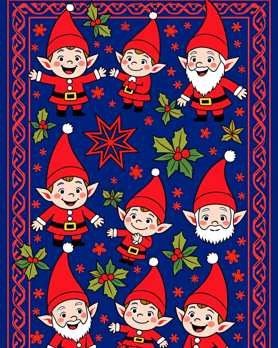 Festive Gnomes Holly Red Blue Rug