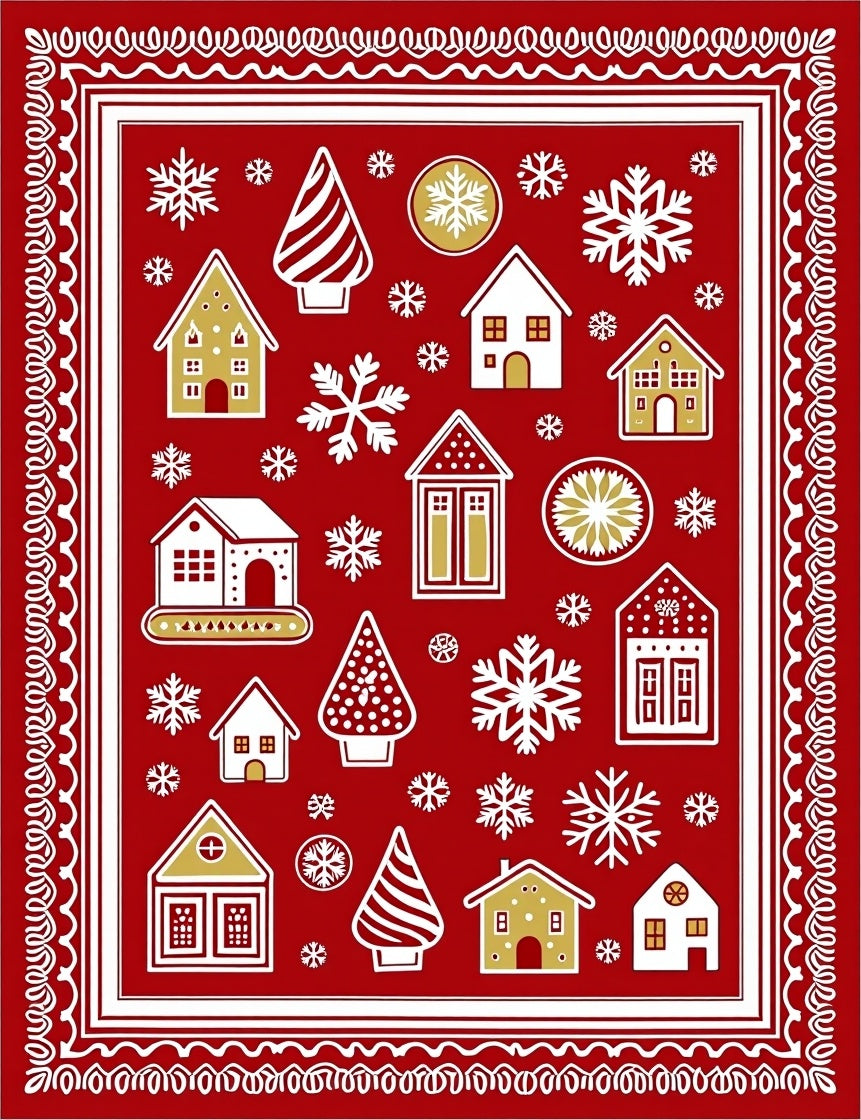 Festive Red Gingerbread Village Snowflakes Rug