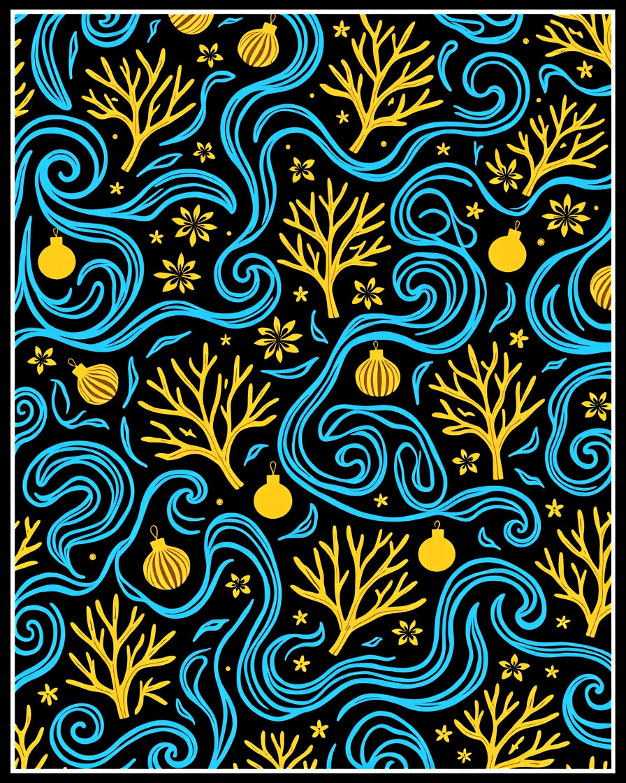 Black Yellow Blue Swirl Tree Ornament Rug