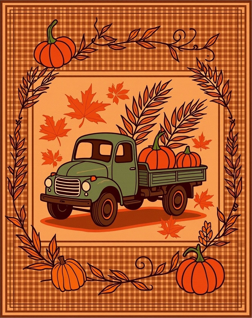Orange Pumpkin Truck Autumn Garland Rug