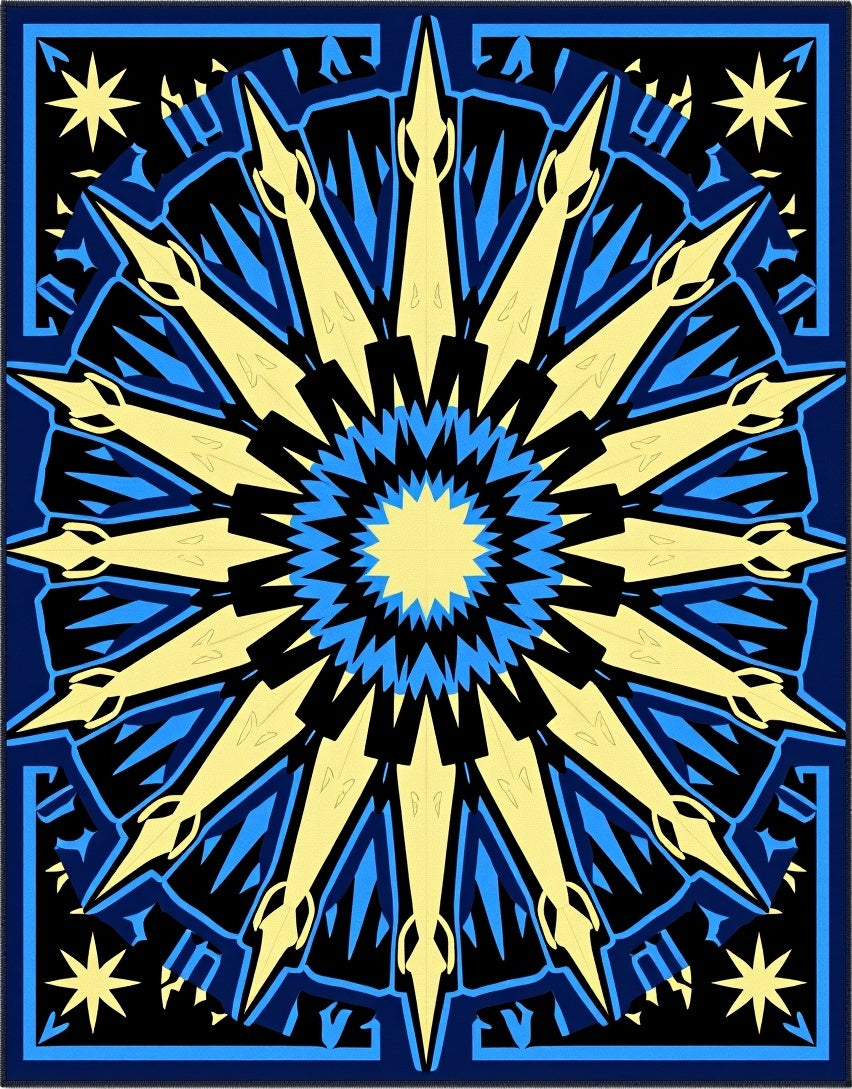 Radiant Blue Golden Sunburst Medallion Rug