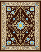Brown Floral Medallion Gold Border Rug