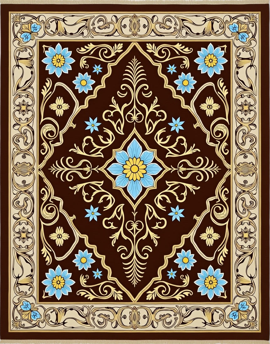 Brown Floral Medallion Gold Border Rug