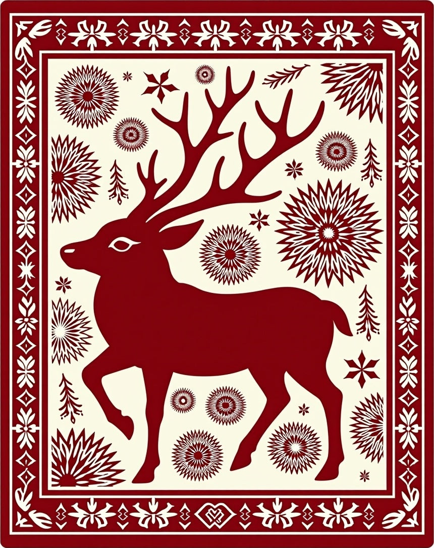 Crimson Reindeer Starburst Border Rug