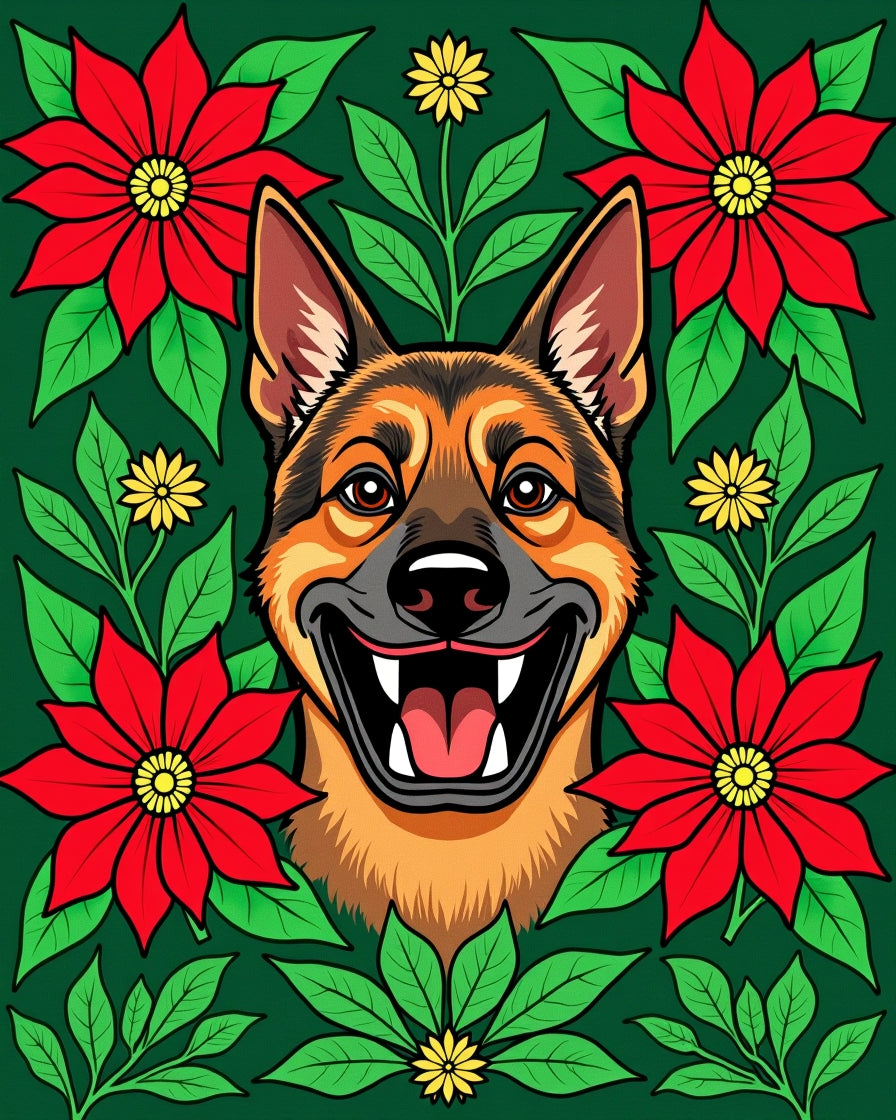 Joyful German Shepherd with Red Poinsettias Rug