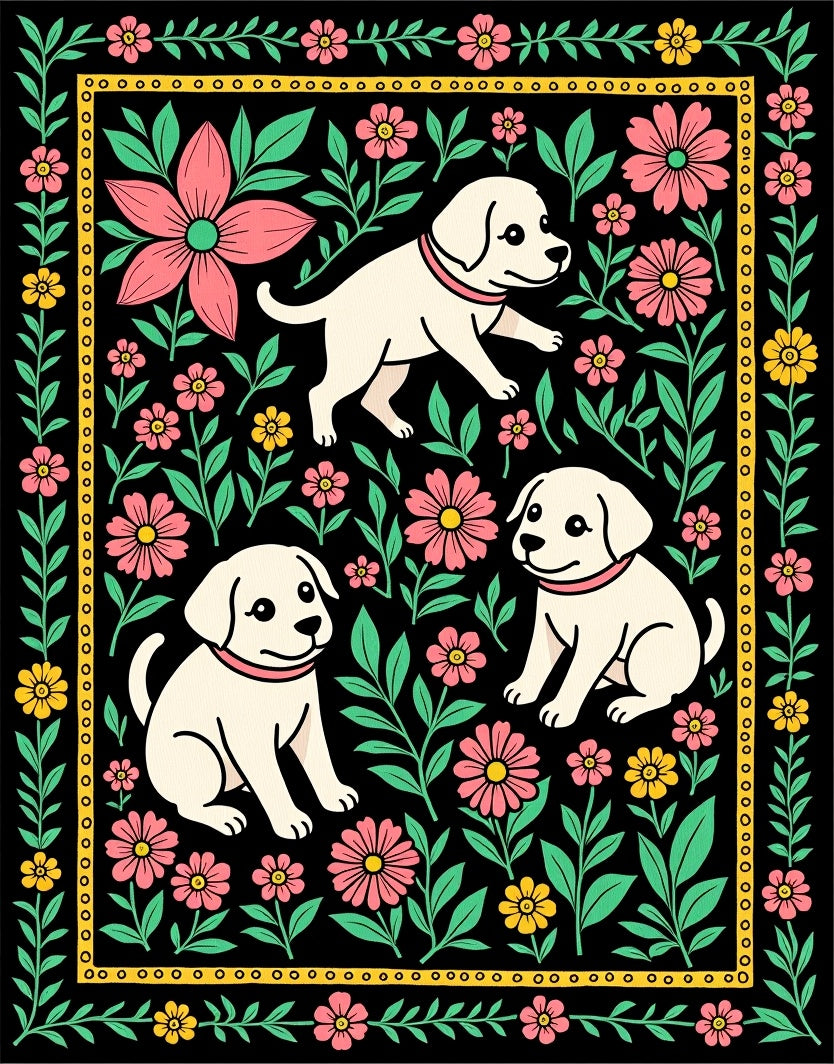 Whimsical Puppy Floral Garden Rug