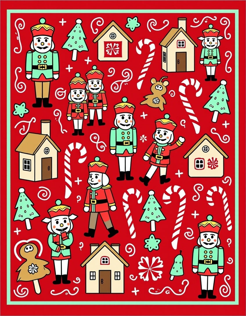 Festive Nutcracker Candy Cane Village Scene Rug