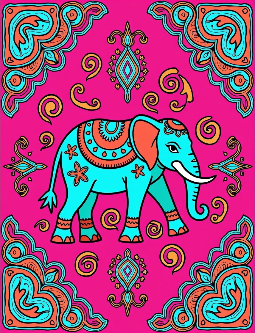 Ornate Teal Elephant Pink Swirl Border Rug