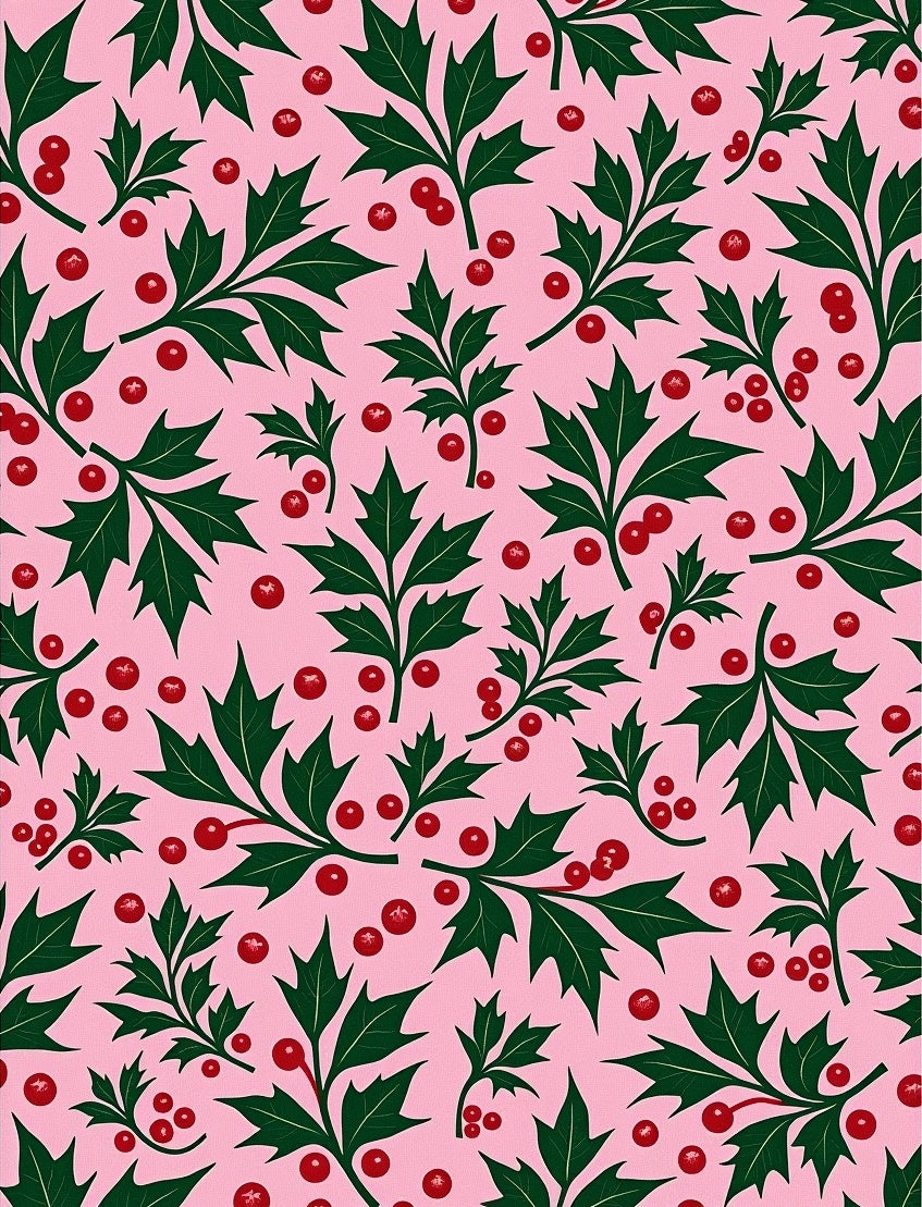 Whimsical Holly Berries Pink Background Rug