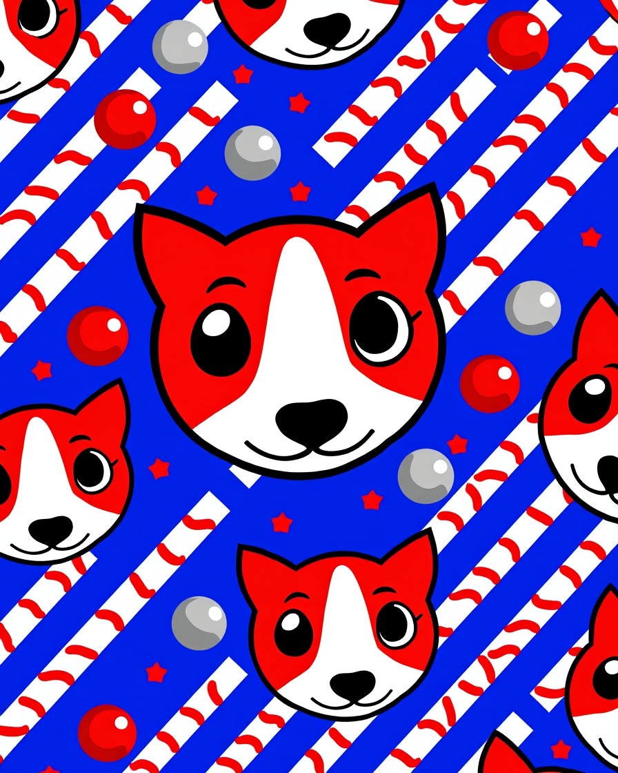 Cute Red Dog Faces Blue Stripe Rug