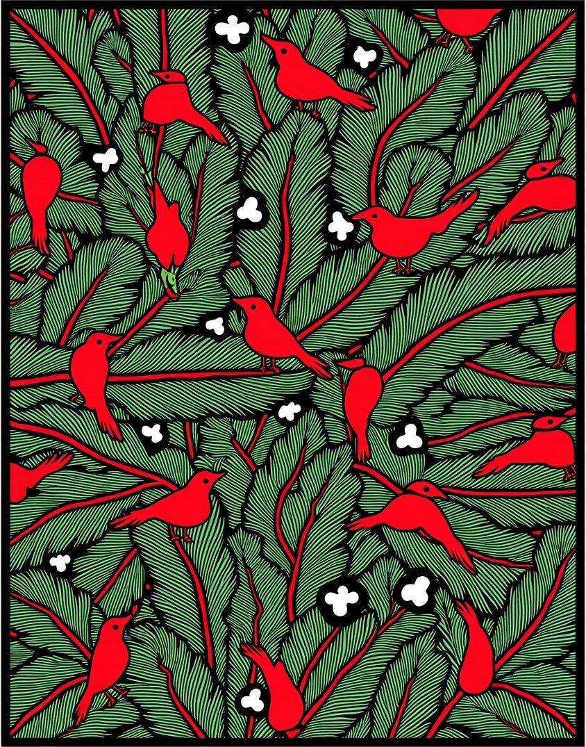 Red Birds Green Foliage Clumps Rug