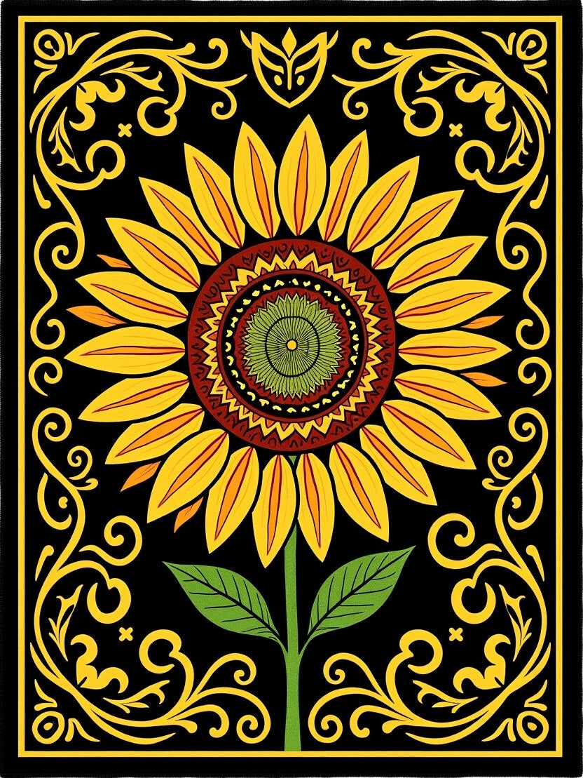 Golden Yellow Sunflower Black Floral Border Rug