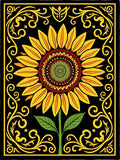 Golden Yellow Sunflower Black Floral Border Rug